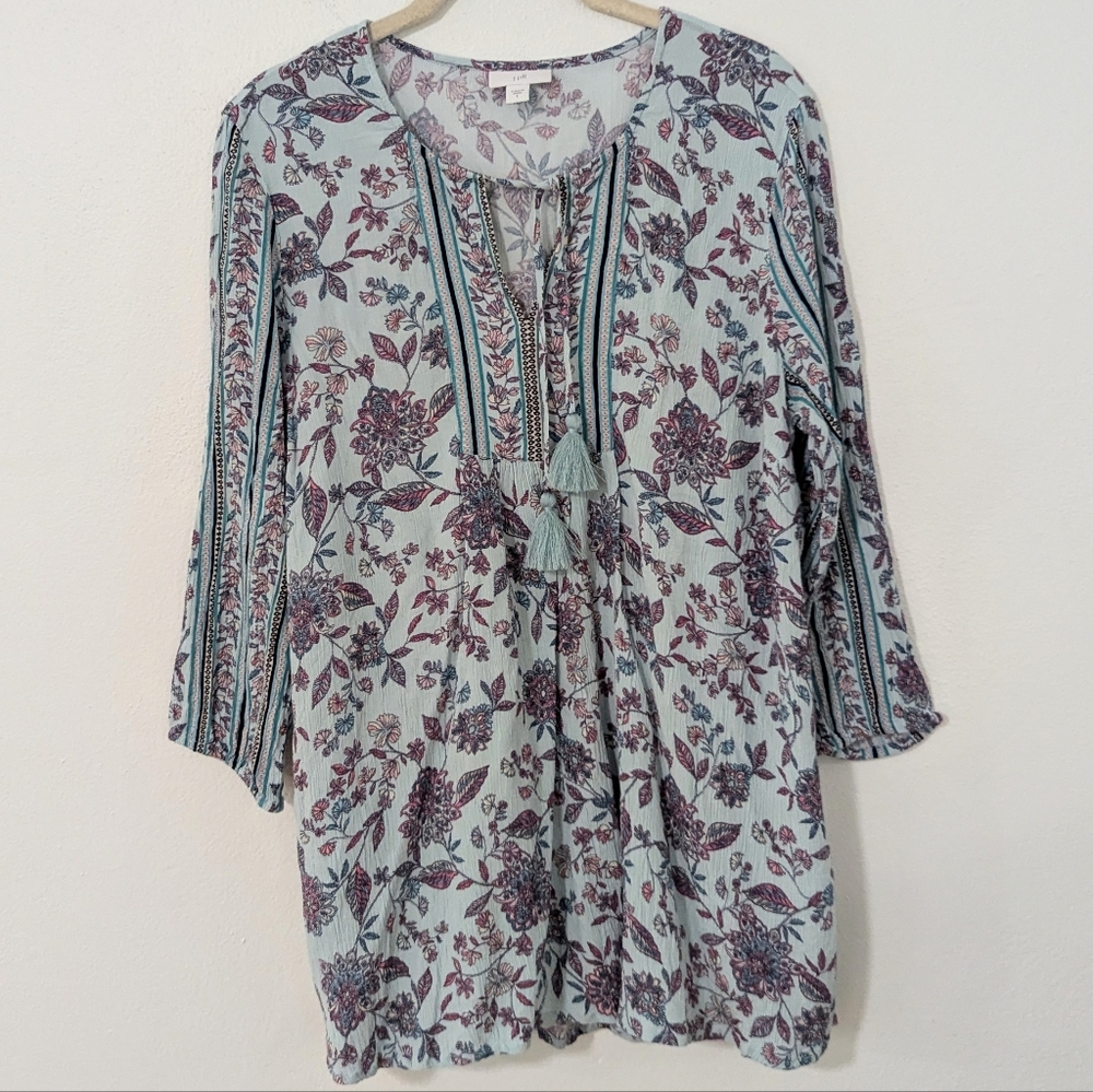 J. Jill Floral Peasant Top Tassel Tie Neck Three Quarter Sleeve Blue Small S